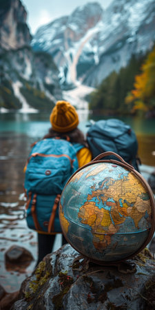 A globe placed on a mossy rock with a backpacker standing near a serene mountain lake, surrounded by snow-capped peaks and lush autumn trees under a cloudy skyの素材