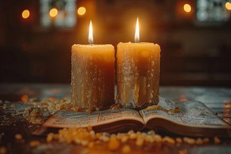 Two lit candles dripping wax on an open book, surrounded by scattered amber beads, creating a warm and mystical atmosphere in a dimly lit settingの素材