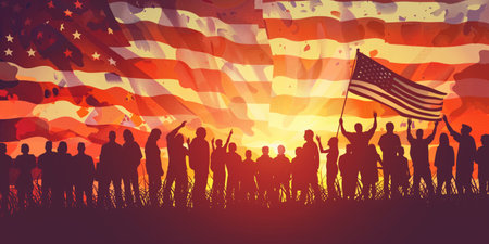 Silhouettes of a diverse group of people celebrating with an American flag against a radiant sunset and abstract flag backdrop, symbolizing unity, hope, and patriotismの素材