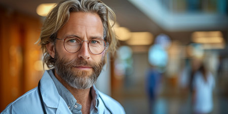 Doctor with long blond hair and glasses, wearing a white coat with a stethoscope, standing in a brightly lit hospital environment, conveying expertise and compassionの素材