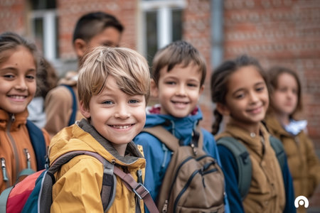 Group of smiling schoolchildren wearing backpacks, standing outdoors near a school building, dressed in colorful jackets, showing happiness, diversity, and friendshipの素材