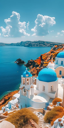 white-washed buildings with blue domes overlooking the Sea under a clear blue sky, surrounded by warm orange-tinted cliffs and serene beautyの素材