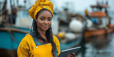 a woman managing a small fisheries cooperative, holding a tablet and discussing logistics with others beside boats, with open water in the background and space on the right for copy placementの素材