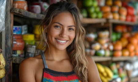 a female shop owner standing proudly in front of her rural small store, shelves stocked with colorful local products, smiling confidently under natural sunlightの素材