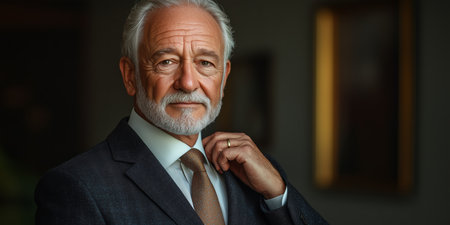 a senior man in a sharp suit, adjusting his tie, standing against a minimalist wall, empty space on the right for text, even studio lightingの素材