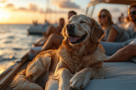 a labrador dog enjoys the warmth of the sun on the yacht deck, sailing through the seaの素材