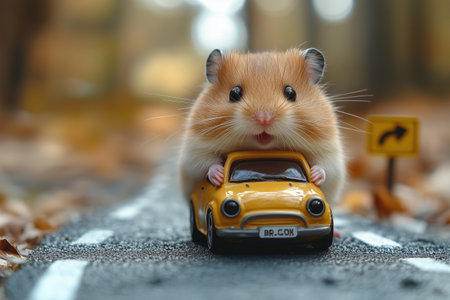 a hamster riding in a toy car on a miniature road, playful setup with small road signs and trees, even studio lightingの素材