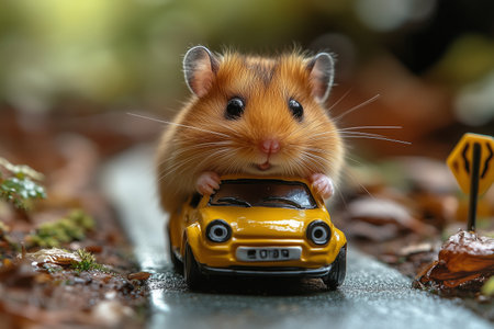 A small hamster enjoys its ride in a tiny toy car, full of cheerful energyの素材