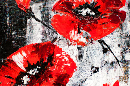 artistic black background with white and red paint spots in the form of flowersの写真素材