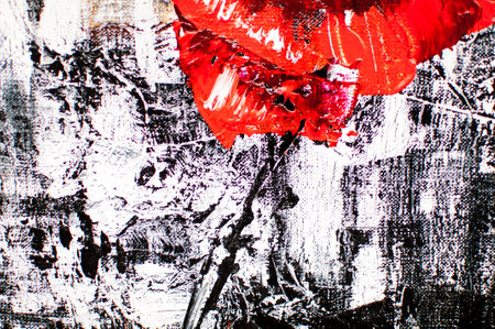 artistic black background with white and red paint blotsの写真素材