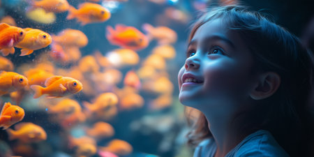 a child interacting with a wall sized digital aquarium installation, animated fish responding to touchの素材