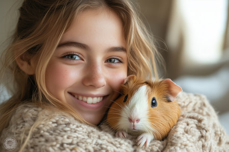 A confident teen shares an affectionate moment with her guinea pig, radiating love and joyの素材
