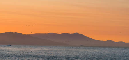 A photograph of a dusk sky over the pacific ocean in the San Francisco Bay with boats, hills, and birdsの写真素材