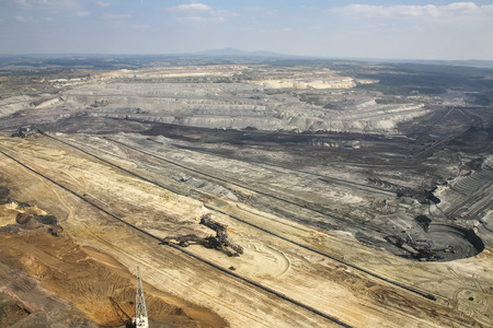 Large excavators in coal mine, aerial view