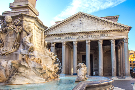 Ancient Roman Pantheon temple, view from fountain - Rome, Italyの写真素材