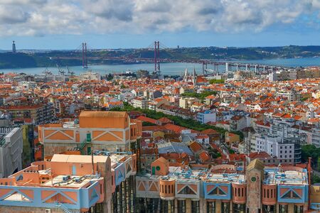 Panoramic aerial view of Lisbon, Portugal, with bridge.