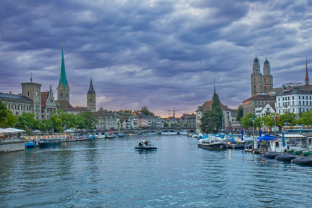 Zurich twilight cityscape and Limmat river in Zurich city center, Swissの写真素材
