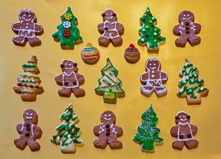 Gingerbread cookies on the golden backgroundの写真素材
