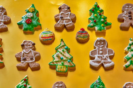 Gingerbread cookies on the golden backgroundの写真素材
