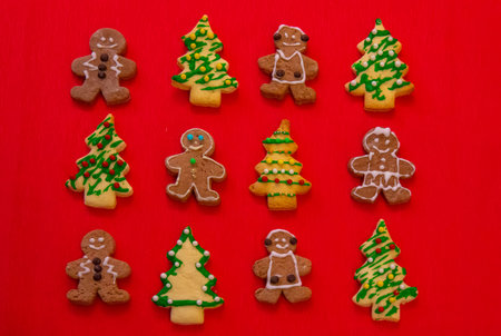 Gingerbread cookies on the red backgroundの写真素材