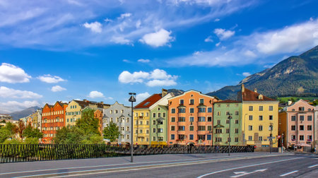 View of the colorful buildings in Innsbruck, Austriaの写真素材