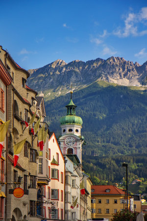 View of the colorful buildings in Innsbruck, Austriaの写真素材