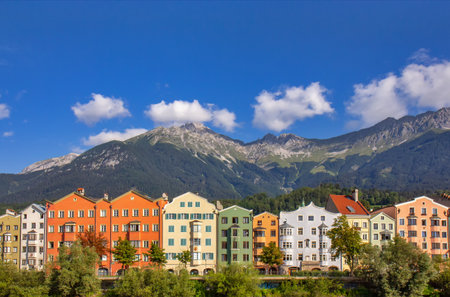 View of the colorful buildings in Innsbruck, Austriaの写真素材