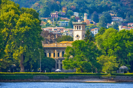 View of the beautiful architecture and Lake Como in Italian Alpsの写真素材