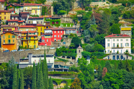 View of the beautiful architecture and Lake Como in Italian Alpsの写真素材