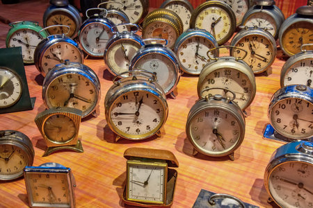 Group of the old retro colorful alarm clocks