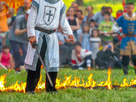 Medieval Knight Performing Fire Walk Demonstrationの写真素材