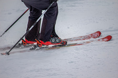 View of the close-up of skier in actionの写真素材