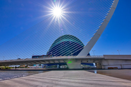 Bridge and Modern Architecture Under the Sun in Valencia, Spainの写真素材