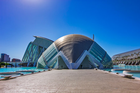 Futuristic HemisfÃ¨ric Building in Valencia Park, Spainの写真素材