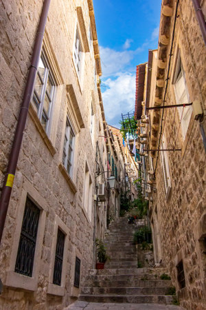 Angle view of the narrow street in Dubrovnik, Croatiaの写真素材