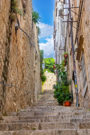 Angle view of the narrow street in Dubrovnik, Croatiaの写真素材