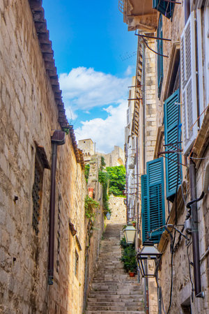 Angle view of the narrow street in Dubrovnik, Croatiaの写真素材
