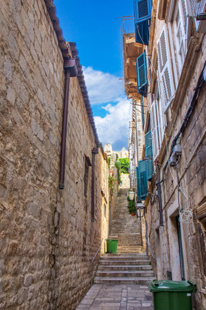 Angle view of the narrow street in Dubrovnik, Croatiaの写真素材