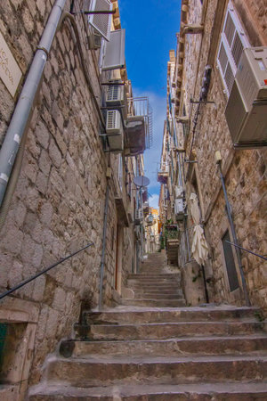 Angle view of the narrow street in Dubrovnik, Croatiaの写真素材