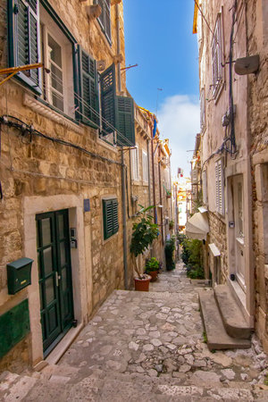 Angle view of the narrow street in Dubrovnik, Croatiaの写真素材