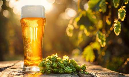 A glass of perfectly crafted, hoppy amber beer set against a natural, sunlit outdoor scenの素材