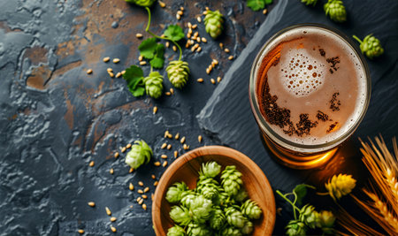 A glass of beer with hops and barleyの素材