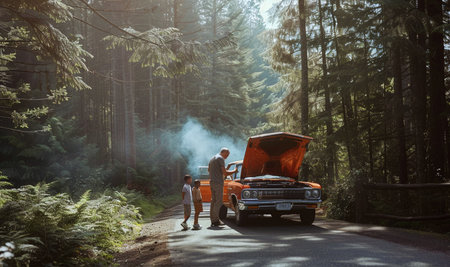 A stranded car with its hood open and smoke rising, surrounded by a serene forest, as three individuals assess the problem on a sunny morning.の素材