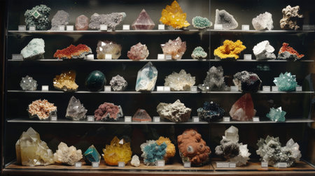 Collecton of crystals minerals in the museum showcaseの素材