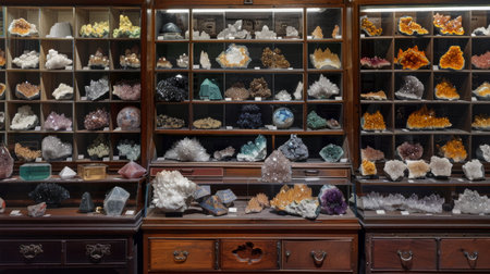 Collecton of crystals minerals in the museum showcaseの素材