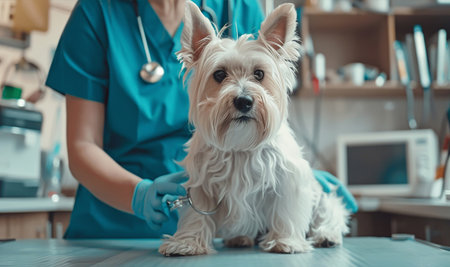 Veterinarian Examining a Calm White Dog - Westieの素材