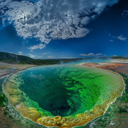 A vibrant and colorful hot spring in Yellowstone National Park, surrounded by serene nature and showcasing unique geothermal phenomena.の素材