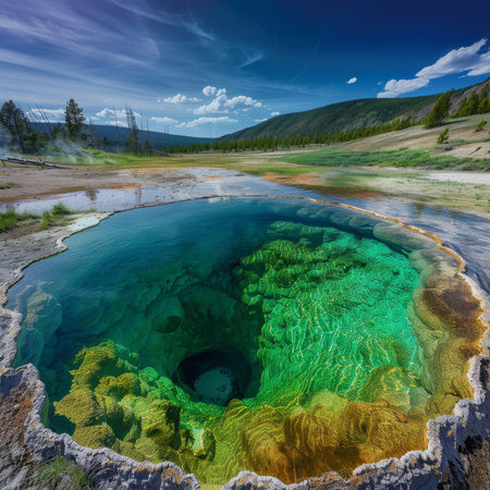 A vibrant and colorful hot spring in Yellowstone National Park, surrounded by serene nature and showcasing unique geothermal phenomena.の素材