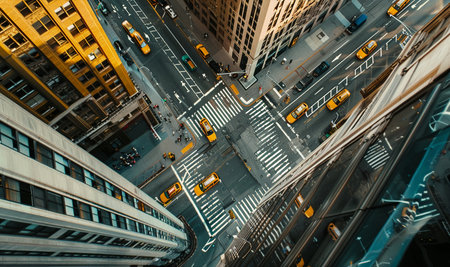 A vivid aerial view highlighting taxis, crosswalks, and buildings, showcasing the bustling and structured life of the cityの素材