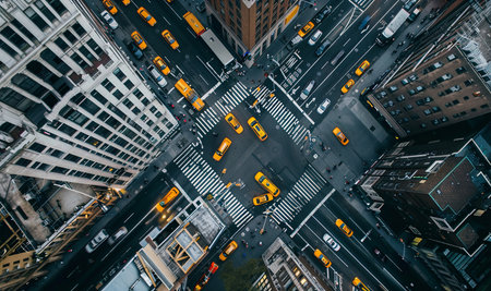 A vivid aerial view highlighting taxis, crosswalks, and buildings, showcasing the bustling and structured life of the cityの素材